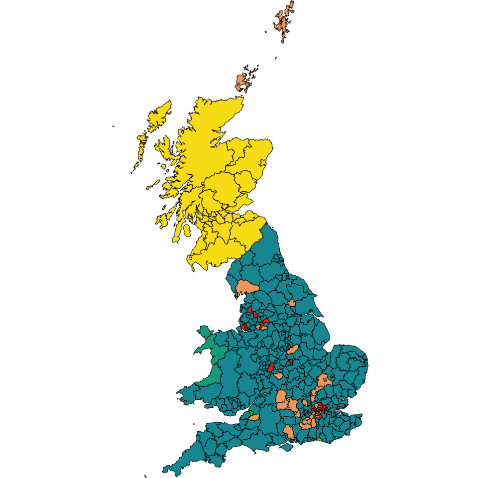 Map of Great Britain showing the leading parties for each local authority