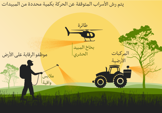 رسوم توضيحية تظهر كيفية مكافحة زحف الجراد باستخدام المبيدات، من خلال رشها من الطائرات أو المركبات الأرضية.