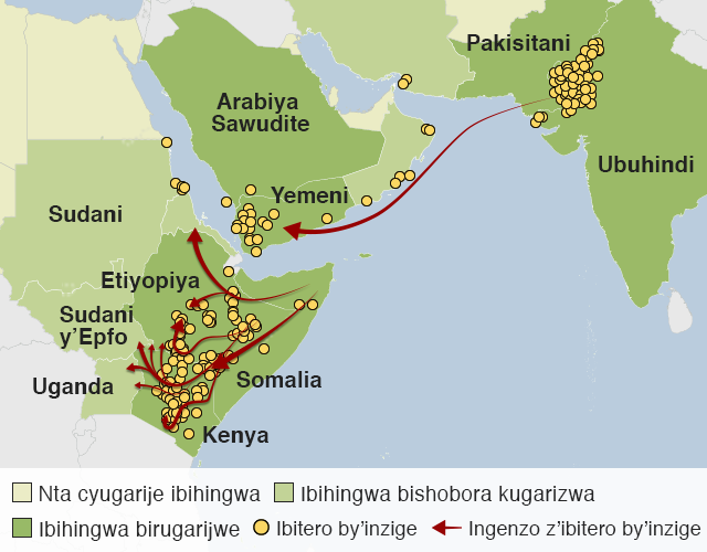 Ikarata yerekana ingene inzige ziriko zirasongera isibe mu karere k'ihembe rya Afrika, impande zose z'ikiyaga gitukura hamwe n'urubibe rwa Pakistani n'Ubuhinde. Imigwi amahanga y'inzige iriko irakwiragira muri Etiyopiya na Kenya kandi ishobora kwimukira no mu bindi bihuhugu.