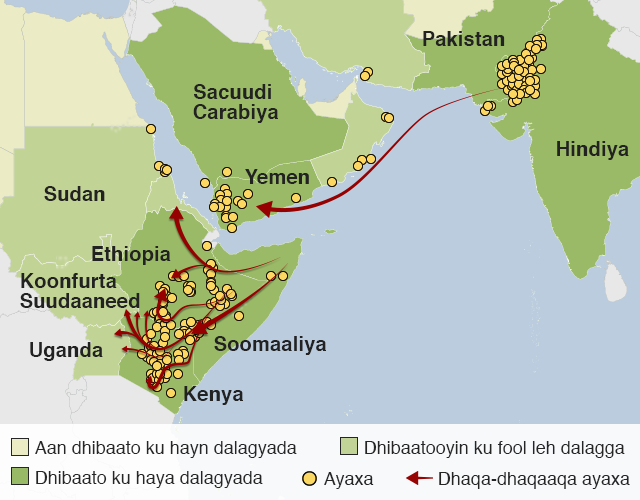 Khariidad muujineysa sida ay koronkorta ayaxa u saameyneyso Geeska Afrika, labada dhinac ee Badda Cas iyo xadka kala qeybiya Hindiya iyo Pakistan. Koronkorta ayaa sidoo kale isaga kala goosheysa Iyoobiya iyo Kenya waxayna sii kaari karaan dalal kale.
