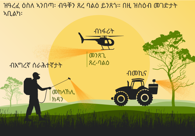 ብመሰረት ሓበሬታ ናይ ግራፊክስ፡ ዕስለ ኣንበጣ ብኣጋርን፡ ብነፈርትን፡ ወይ'ውን ብመካይን ጌይርካ ብዝንስነስ መድሃኒተ ጸረ-ባልዕ ጌይርካ ክብዳህ ይኽእል።