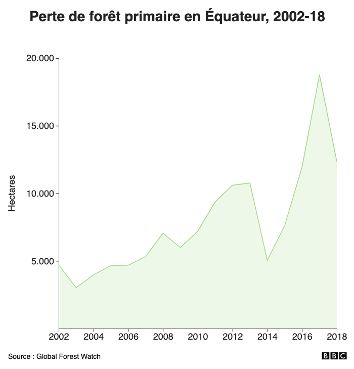 Perte de forêt primaire en Équateur, 2002-19