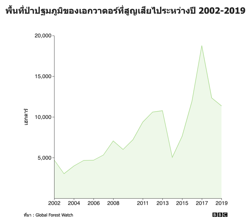 พื้นที่ป่าปฐมภูมิของเอกวาดอร์ที่สูญเสียไประหว่างปี 2002-2019