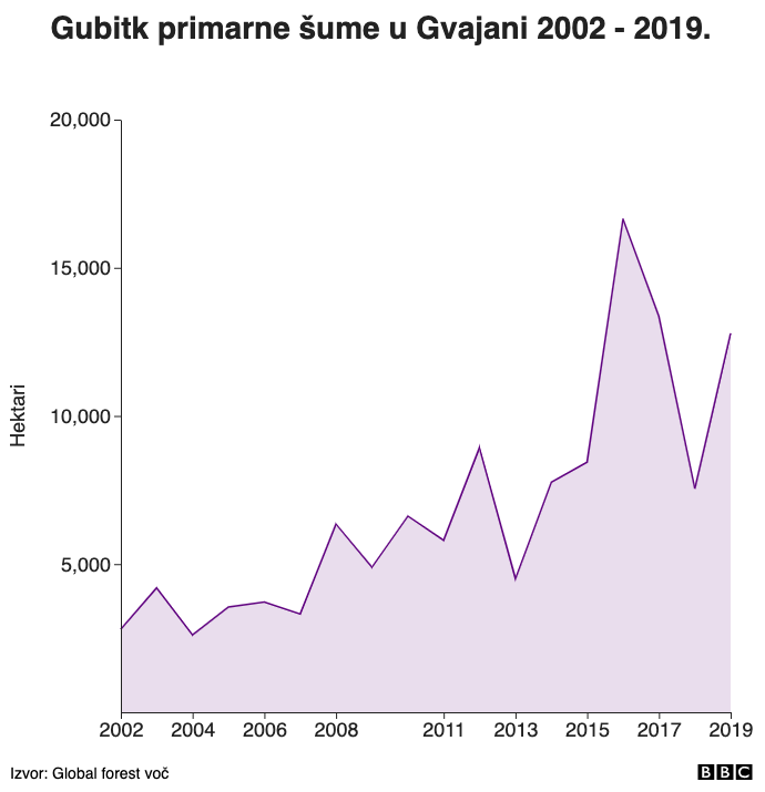 Gubitk primarne šume u Gvajani 2002 - 2019.
