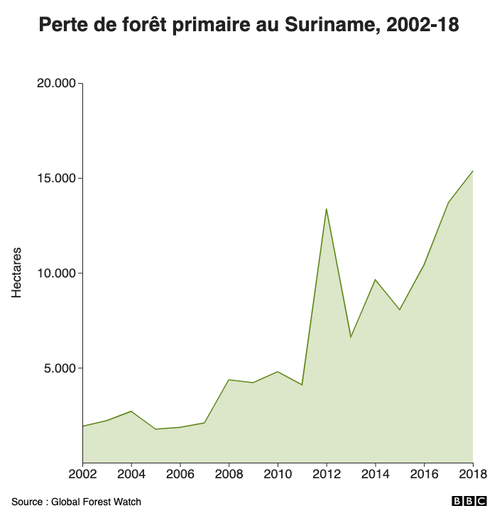 Perte de forêt primaire au Suriname, 2002-19