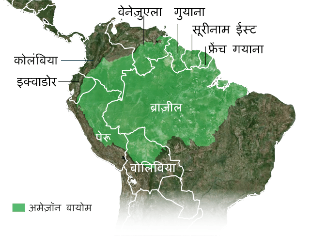 अमेज़न जैविक क्षेत्र का नक़्शा जिसमें पेरू, बोलीविया, इक्वाडोर, कोलंबिया, गुयाना, सूरीनाम, फ्रेंच गुयाना, ब्राज़ील और वेनेज़ुएला शामिल हैं