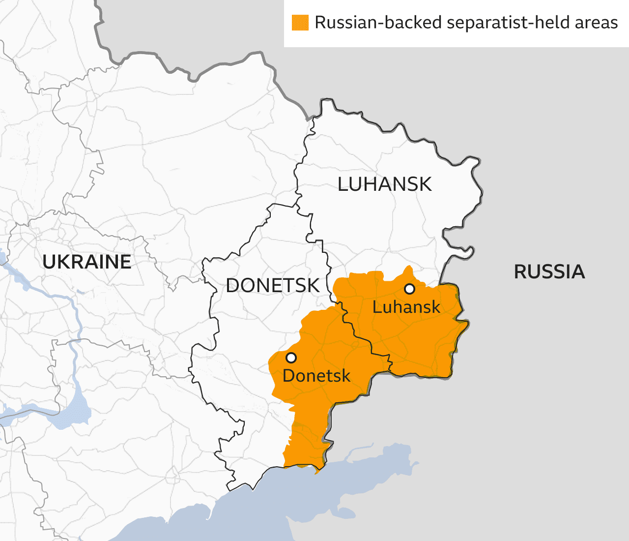 Map showing the separatist regions in Luhansk and Donetsk in eastern Ukraine