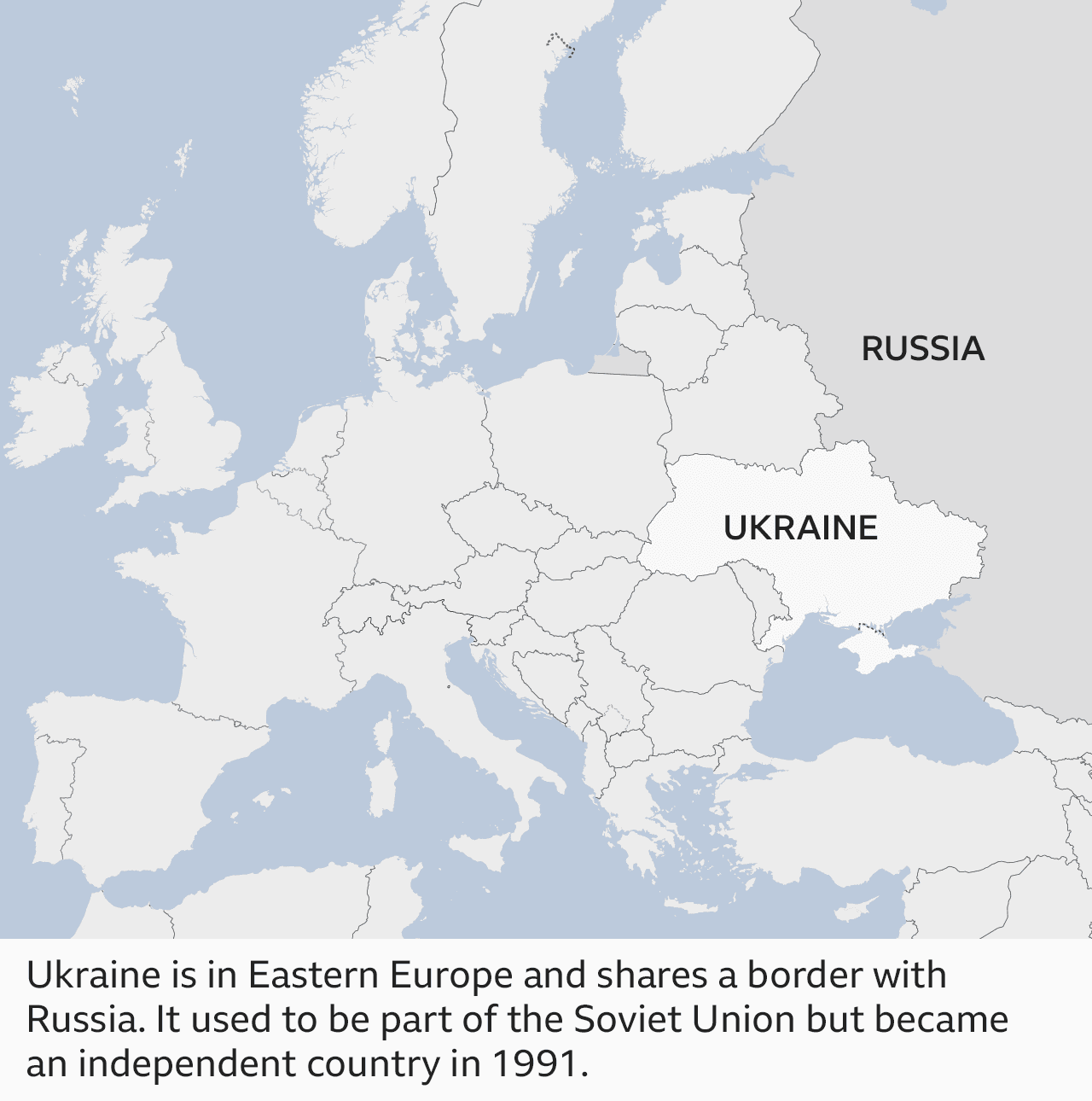 Ukraine is in Eastern Europe and shares a border with Russia. It used to be part of the Soviet Union but became an independent country in 1991.