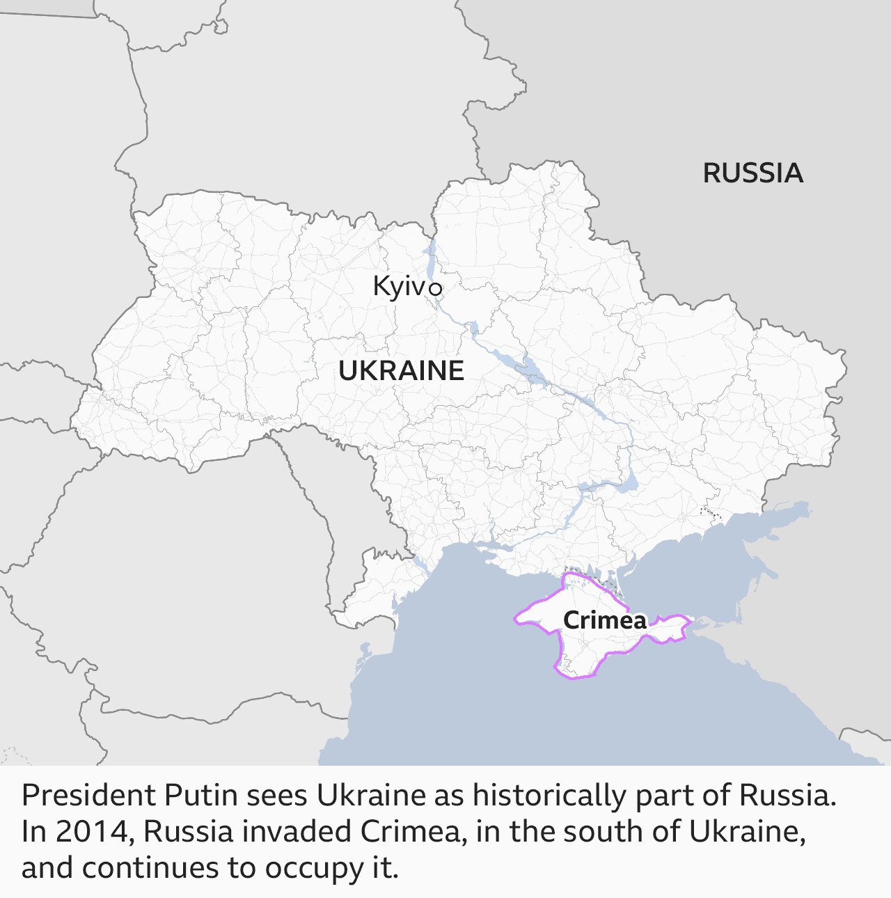 President Putin sees Ukraine as historically part of Russia. In 2014, Russia invaded Crimea, in the south of Ukraine, and continues to occupy it.