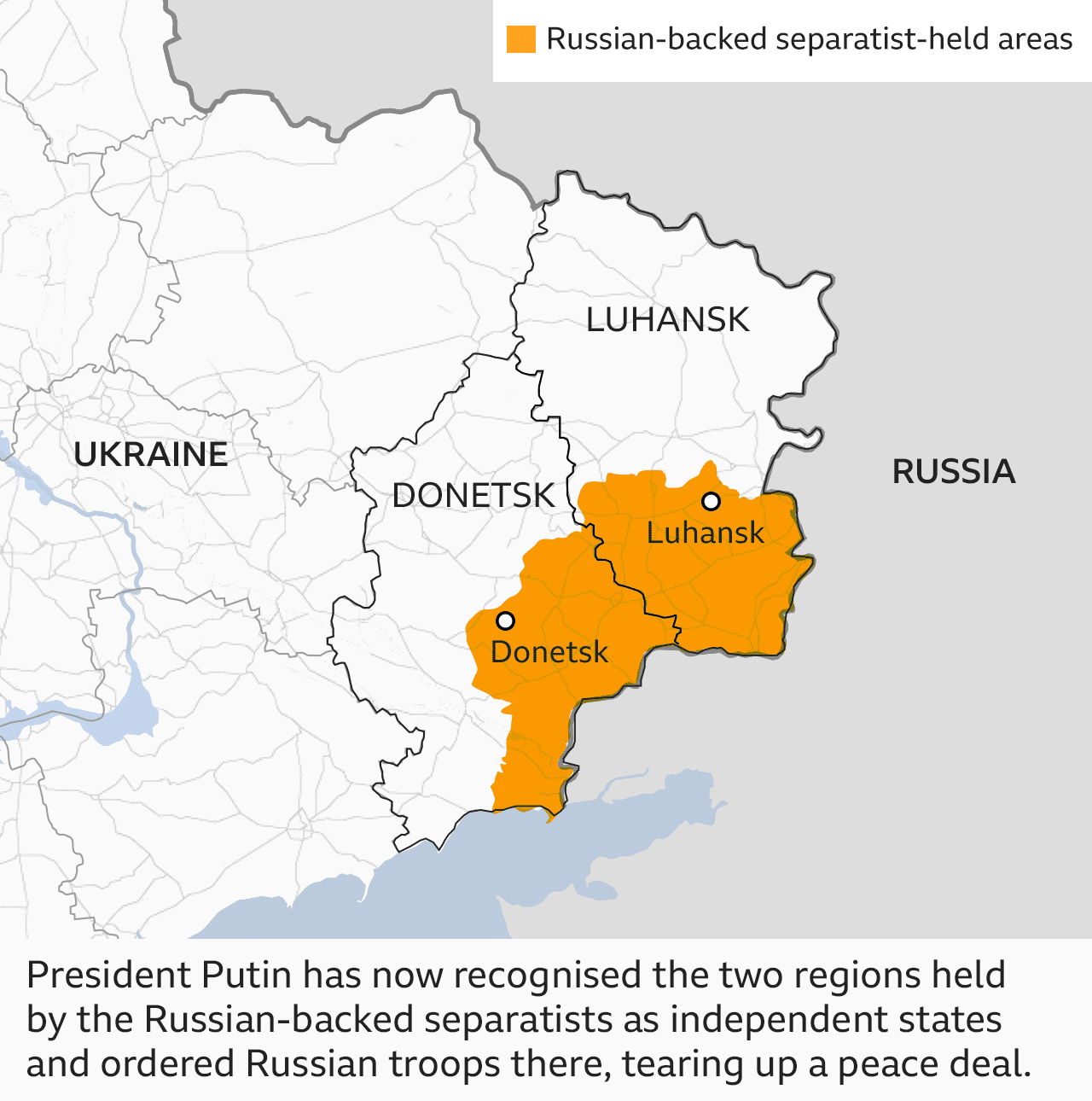 President Putin has now recognised the two regions held by the Russian-backed separatists as independent states and ordered Russian troops there, tearing up a peace deal.