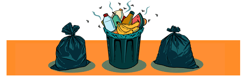 Illustration of a bin and black bin liners full of food waste