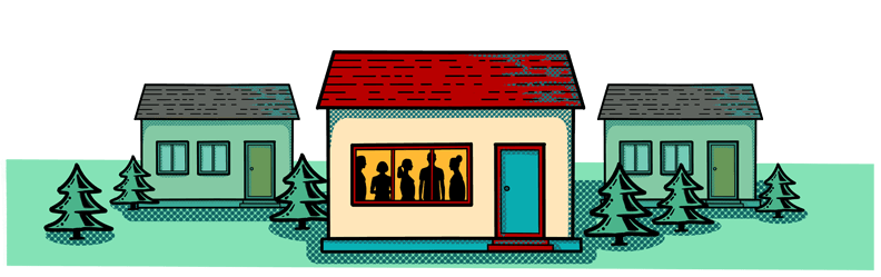 Illustration of a house with multiple peope in it