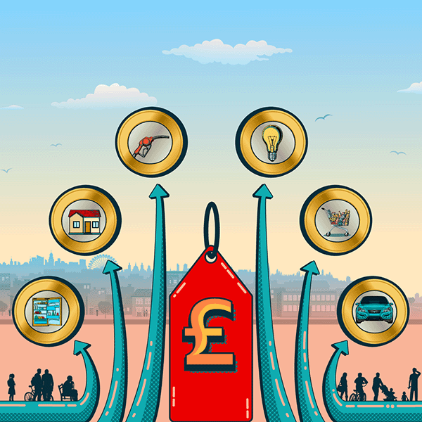 Illustration of a price tag and arrows pointing to a fridge, house, petrol pump, light bulb, shopping trolley and car