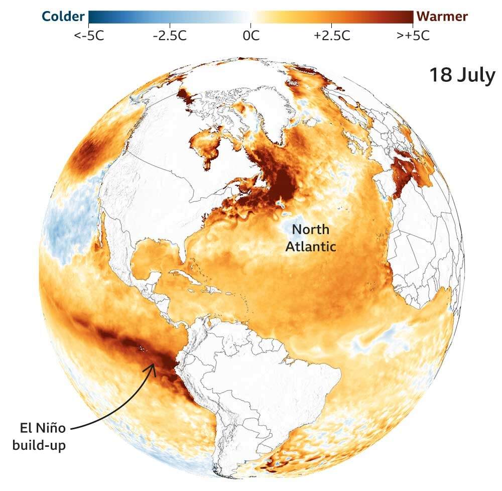 An animated map showing sea surface temperature anomaly between 1 April and 16 July 2023 over the Atlantic Ocean and part of the Pacific Ocean. It shows the build up of El Niño off the coast of Peru and Ecuador, and the marine heatwave in the North Atlantic Ocean.
