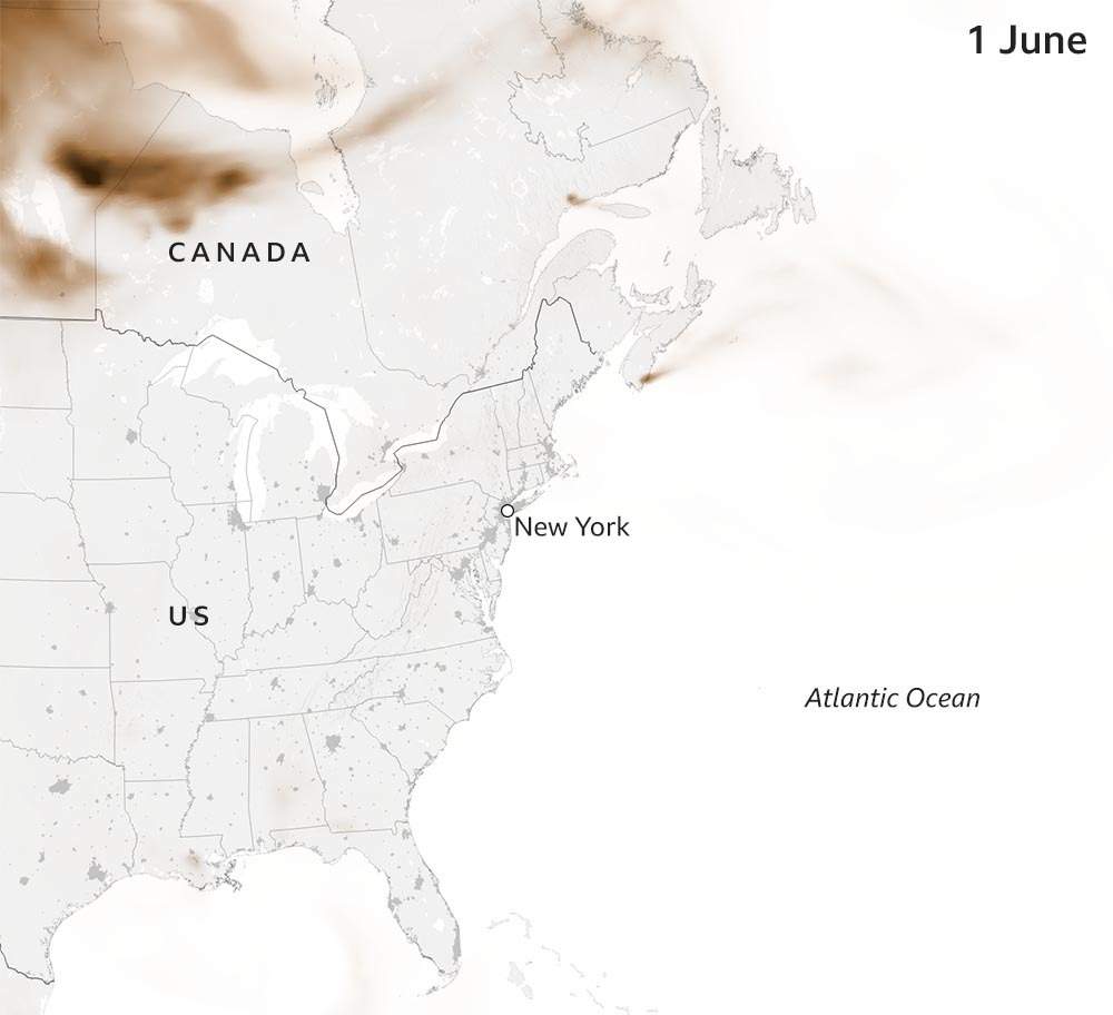 Анимационная карта, показывающая распространение дыма от лесных пожаров в Канаде в период с 1 по 8 июня 2023 года по всей Северной Америке до Нью-Йорка.
