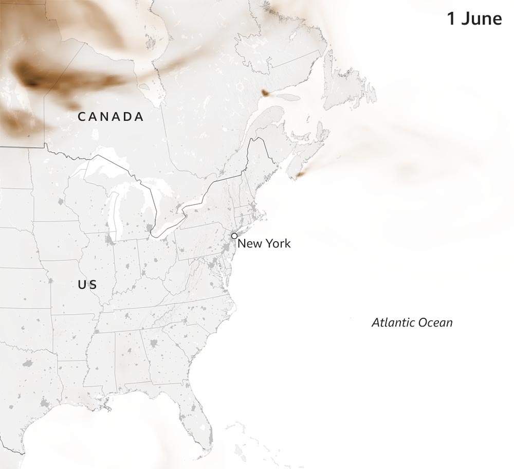 An animated map showing the spread of smoke from wildfires in Canada between 1 and 8 June 2023 across North America, reaching as far as New York city.