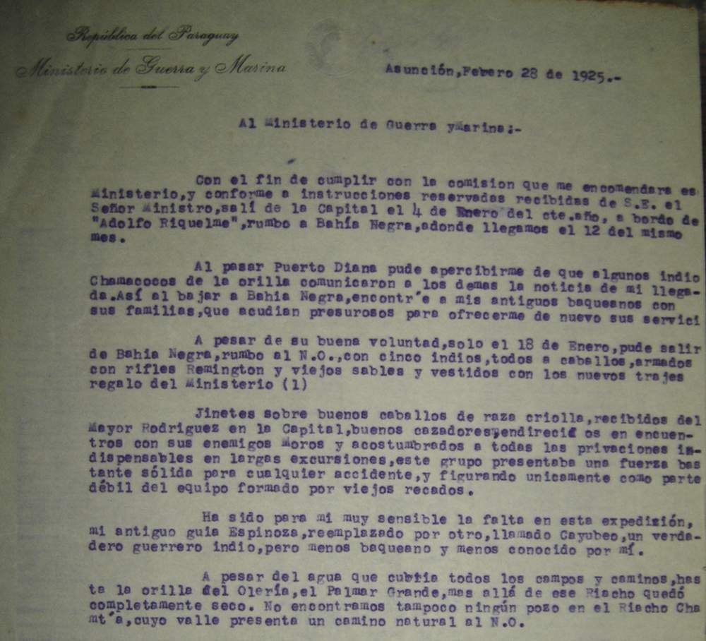 Informe de una de las expediciones realizadas por Belaieff al chaco paraguayo comisionada por el Ministerio de Guerra.Cortesía: Museo Etnográfico Andrés Barbero.