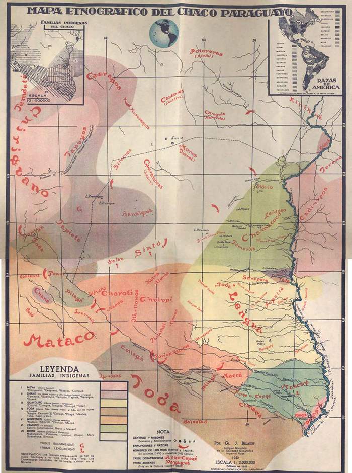 Mapa de las tribus que habitaban el chaco paraguayo realizado por Belaieff en 1932.Cortesía: Museo Etnográfico Andrés Barbero.