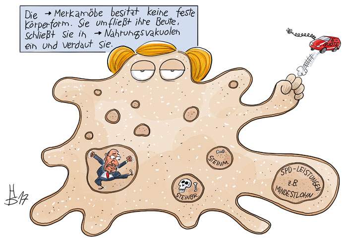 &quot;The Merkelamoeba has no fixed bodily form. She surrounds her prey, enclosing them in nourishment vacuoles and digests them.&quot;
