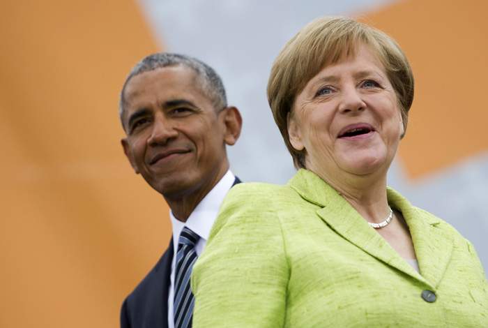 Barack Obama with Merkel in Berlin, May 2017