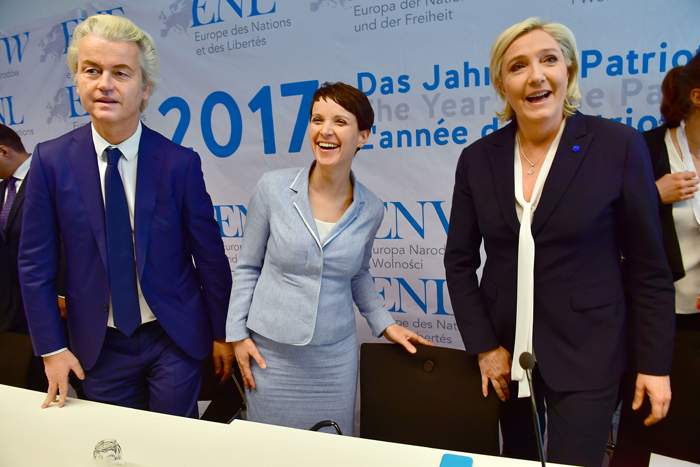 (l-r) Geert Wilders, Frauke Petry and Marine Le Pen meet in Koblenz, January 2017