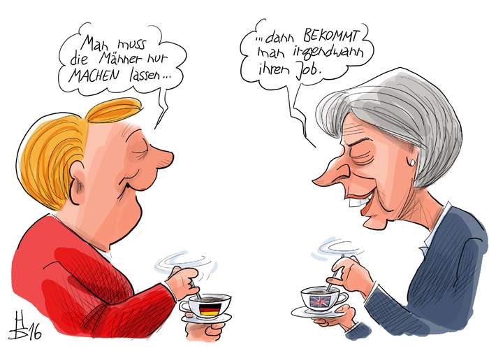 Angela Merkel: You just let the men do it...
Theresa May: ... and then you get their job in the end.
