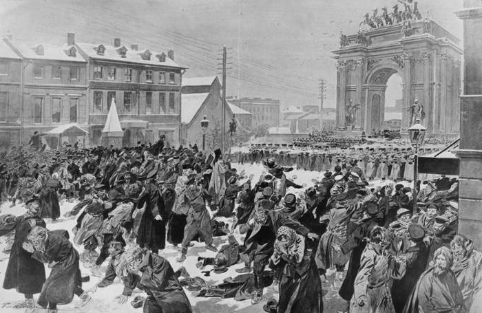 Illustration portraying Bloody Sunday, January 1905, when tsarist soldiers fired upon unarmed marchers in St Petersburg