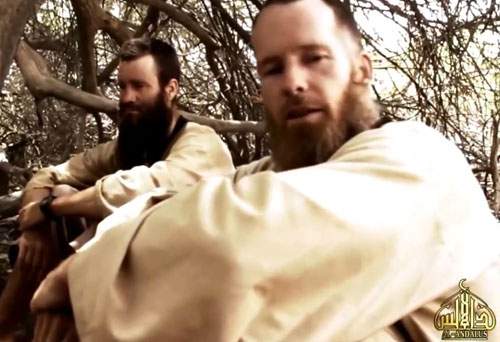 Stephen (right) and Johan pictured in a hostage video released in 2015 Stephen (right) and Johan pictured in a hostage video released in 2015