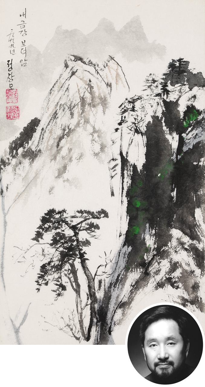 정창모의 ‘내금강 보덕암’(1999)과 최상균(오른쪽)