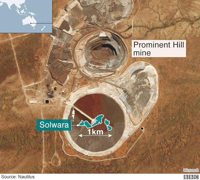The footprint of the Solwara-1 mining area, compared with an existing copper mine in South Australia