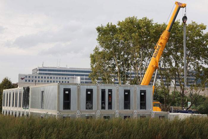 An emergency accommodation centre for homeless people, under construction in Paris