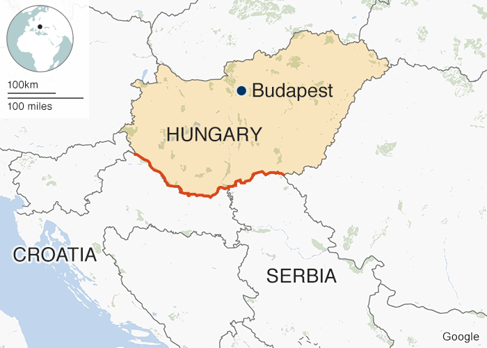 The border fence (in red) spans Hungary&#39;s border with Serbia and Croatia