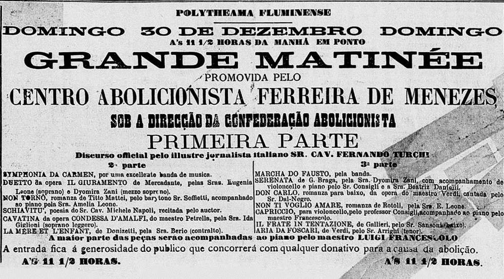 Anúncio de uma matinê abolicionista no jornal Gazeta da Tarde, em 1883 Acervo Fundação Biblioteca Nacional - Brasil / Publicado no livro "Flores, votos e balas"
