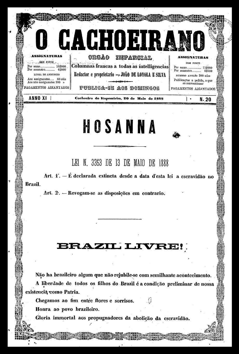 Edição de 14 de maio de 1888 \/ O CachoeiranoAcervo Fundação Biblioteca Nacional - Brasil