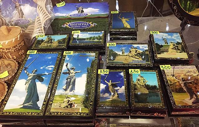 Volgograd souvenirs, like these trinket boxes, often bear the image of the Motherland Calls statue