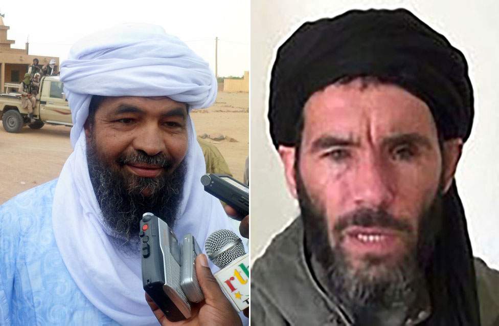 JNIM&#39;s leaders include the former Tuareg rebel, Iyad Ag Ghaly (left), and jihadist Mokhtar Belmokhtar (right)