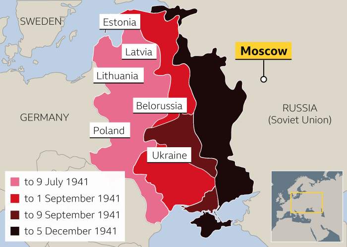 Between July and December 1941, the Nazis advanced into Russia, coming within just 70km of Moscow