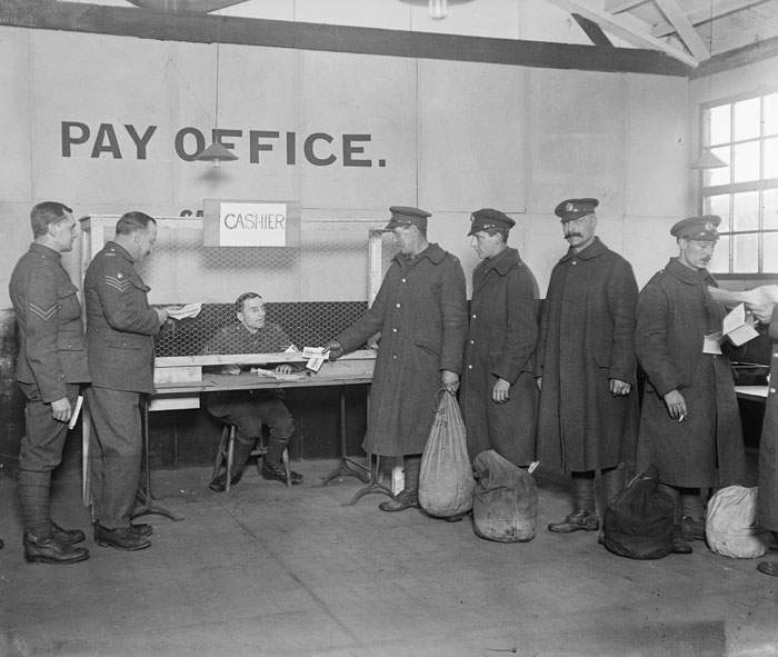 December 1918: Soldiers receiving their last pay packet before demobilisation