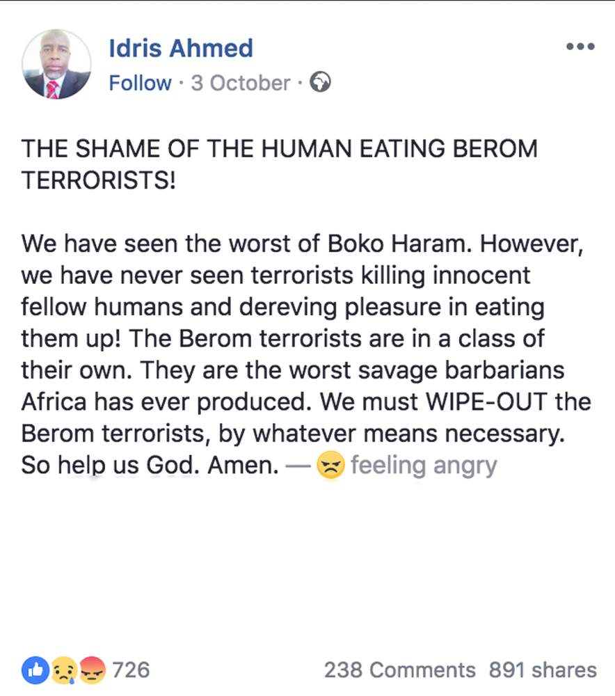 Screenshot of Facebook post by Idris Ahmed on 3 October 2018