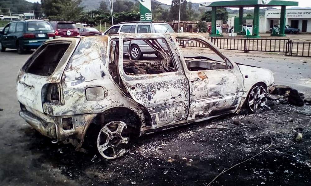 One of the vehicles destroyed on 24 June 2018 in Jos