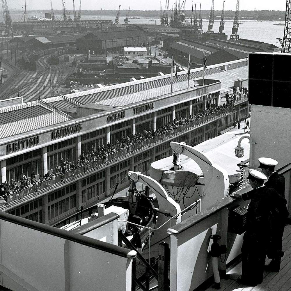 View of Southampton&#39;s Ocean Terminal from the Queen Mary, 1950