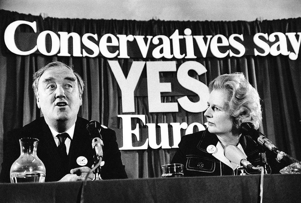 Conservative leader Margaret Thatcher (r) during the referendum campaign on Europe, June 1975