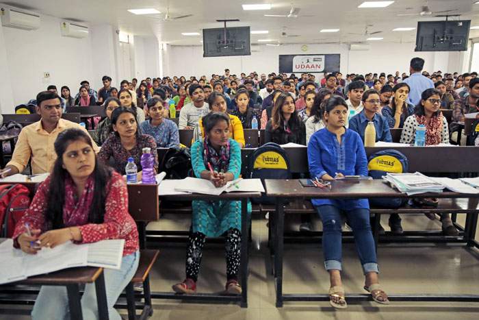 A class at Dhyeya Coaching Institute in Lucknow, where students prepare for civil service examinations