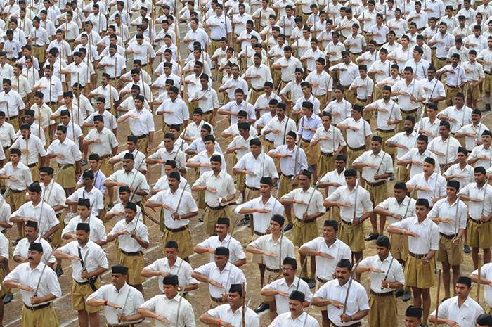 RSS volunteers on parade in Bhopal, 2015