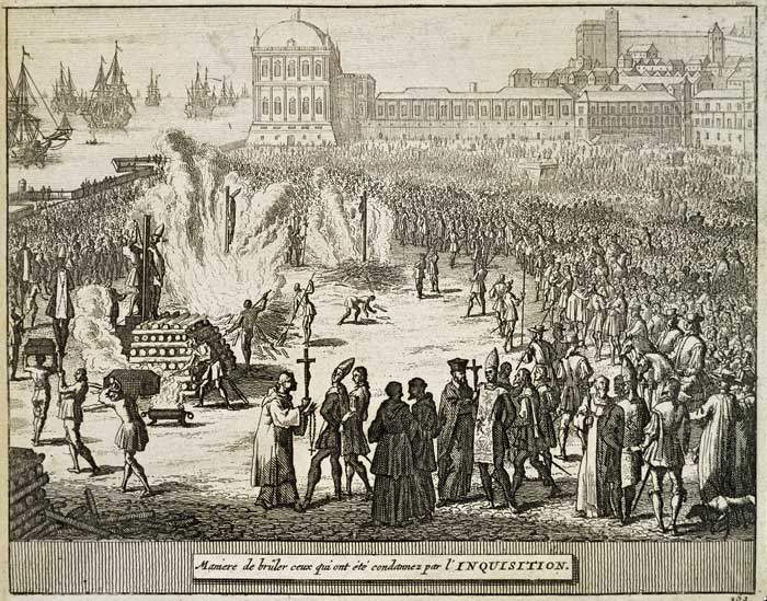 An engraving shows the burning of heretics by the Portuguese Inquisition