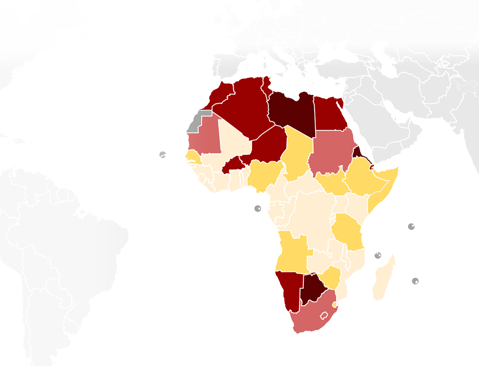 خارطة تبين مستويات الضغط أو الإجهاد المائي لكل دولة أفريقية (2019)