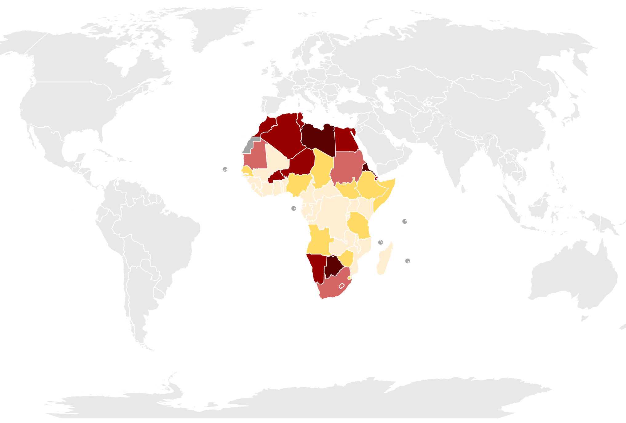 خارطة تبين مستويات الضغط أو الإجهاد المائي لكل دولة أفريقية (2019)