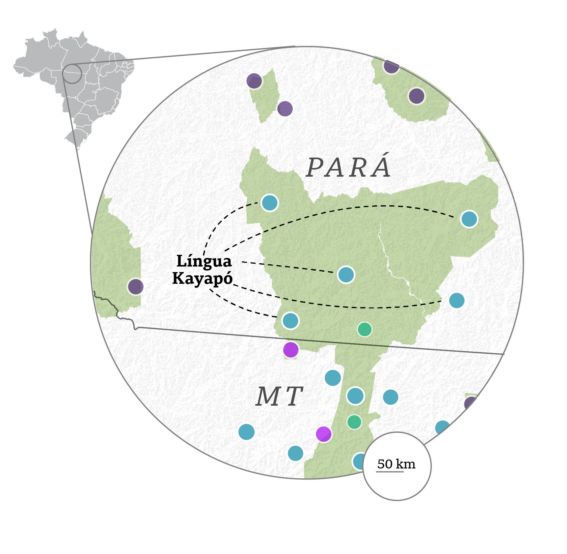 Mapa das áreas onde o kayapó é falado
