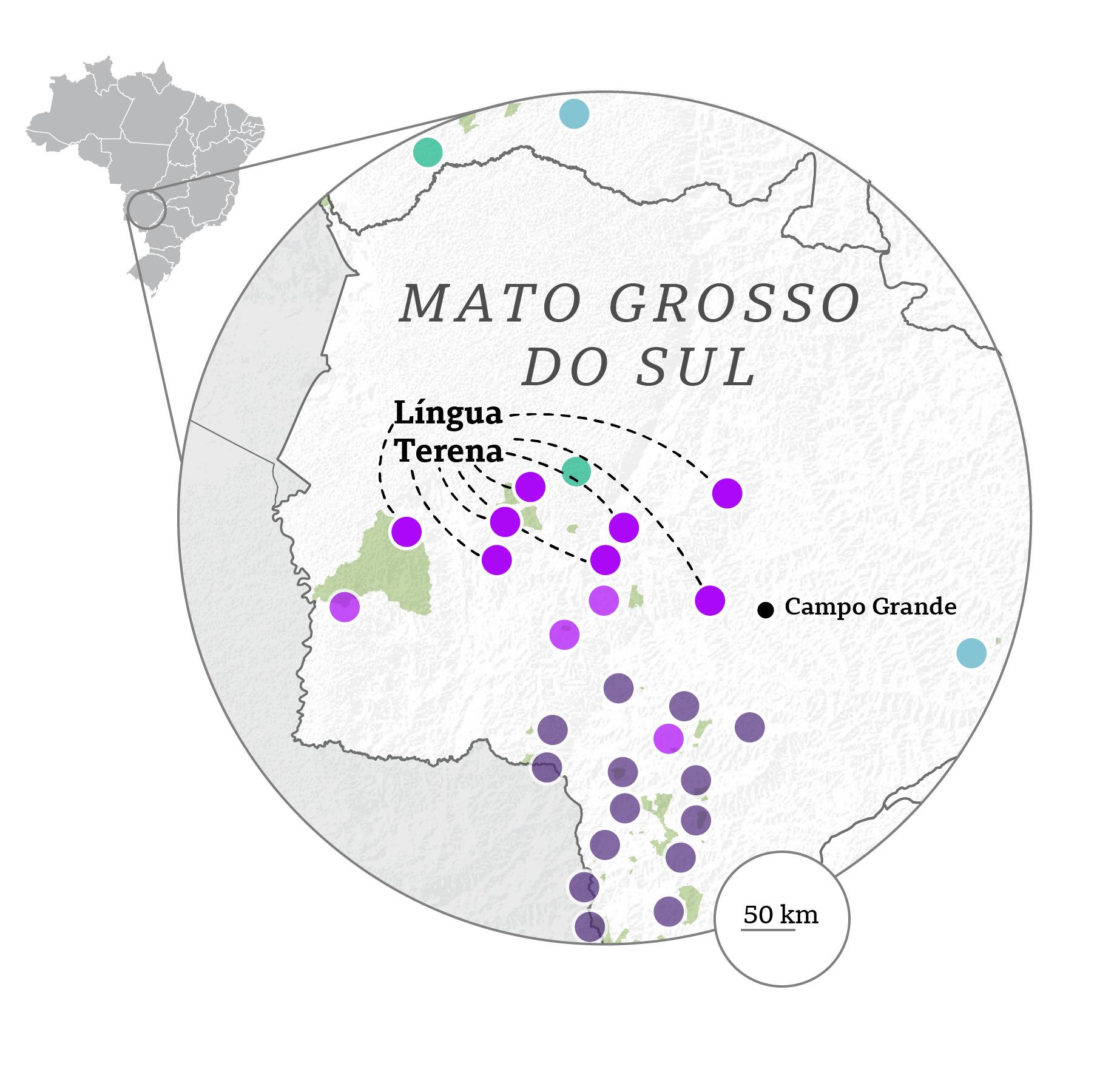 Mapa do Mato Grosso do Sul, principal área onde o terena é falado