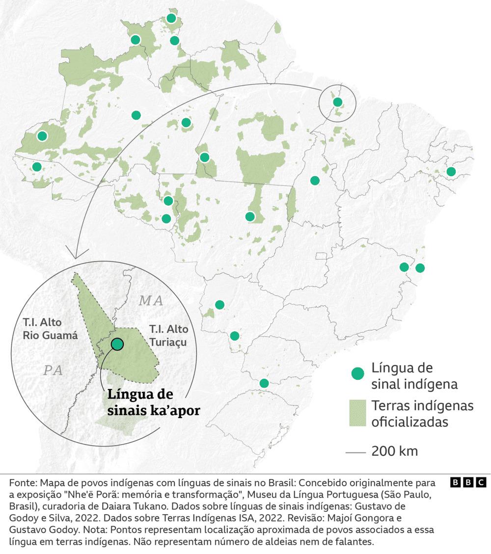 Mapa de localização aproximada das línguas de sinais indígenas no Brasil e dos que usam a Língua de sinais ka'apor